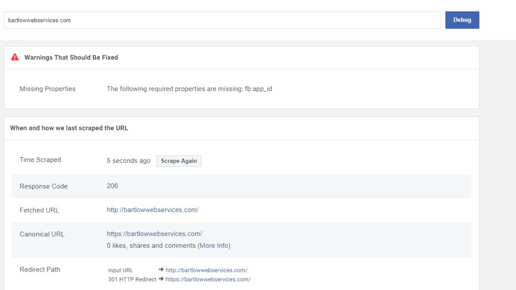 Example screenshot of the Facebook debugger tool for sharing links. Showing the scrape again button option for bartlowwebservices.com