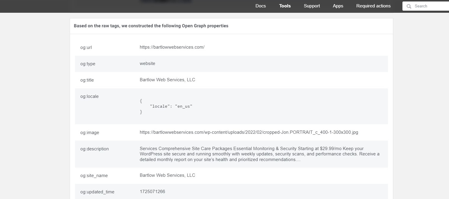 Example screenshot of the Facebook debugger tool for sharing links. Shows some site Open Graph (OG) properties like meta data for BartlowWebServices.com