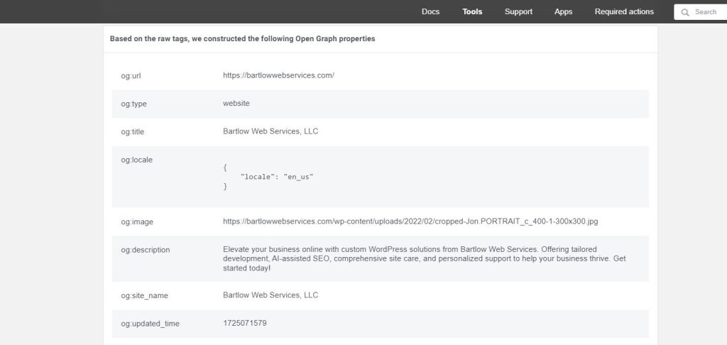 Example screenshot of the Facebook debugger tool for sharing links. Shows some site Open Graph (OG) properties like meta data for BartlowWebServices.com. This image shows the final result, after making changes to the sites meta description.